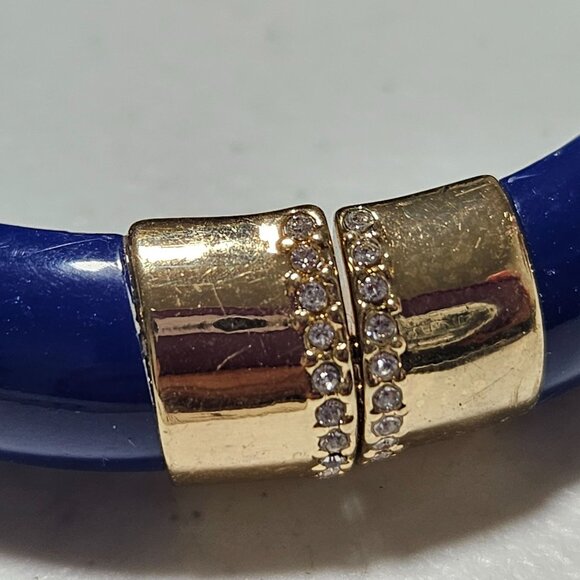 Retro Blue Resin Bangle Bracelet Gold Tone Rhinestone Accent Hinge Cuff Fashion - Picture 3 of 5